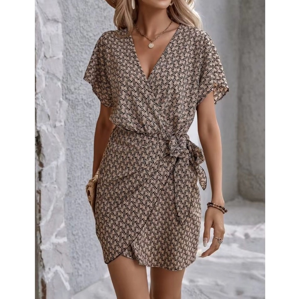 SHEIN Wrap Dress Womens 12 Beige Geometric V-Neck Short Sleeve Boho Chic Office